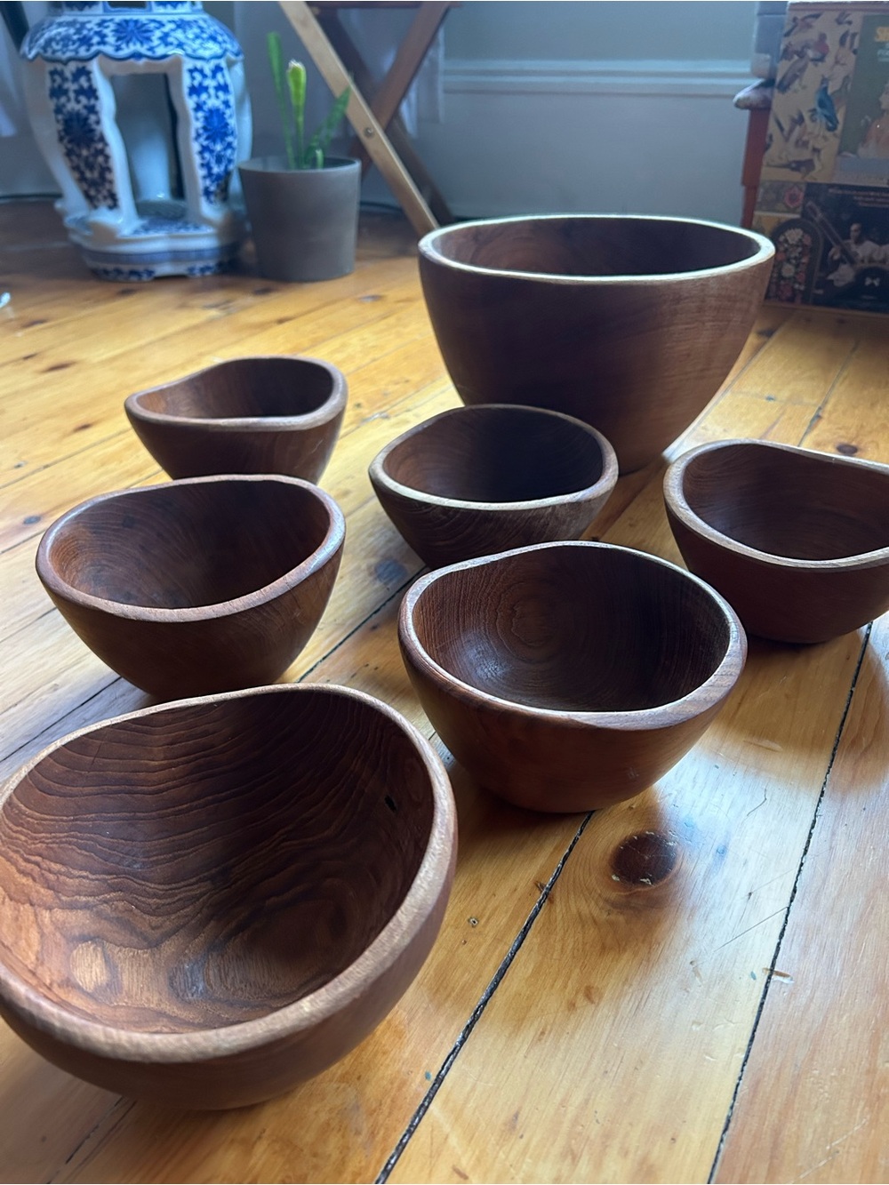 Teak wood bowl set one large six small